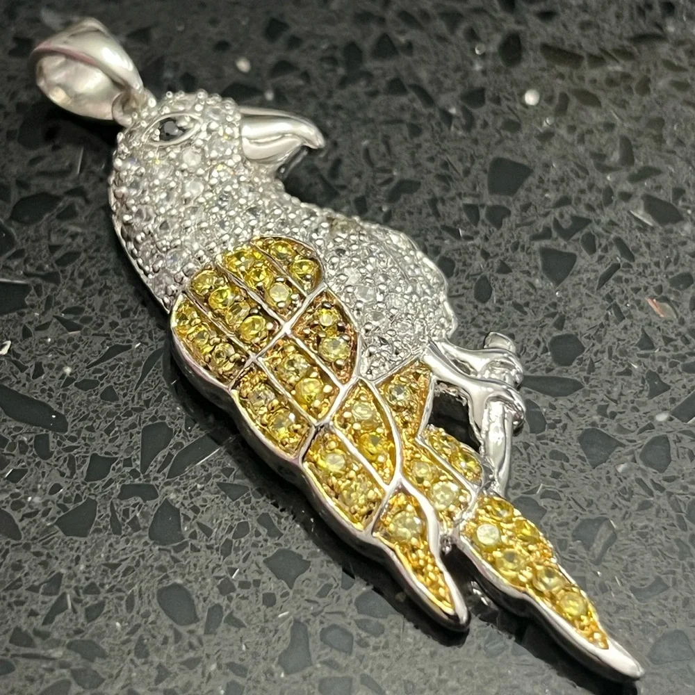 JTV canary yellow black CZ parrot macaw sterling silver gold pendant slide omega